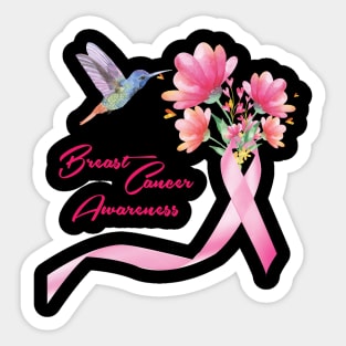 'Hummingbird With Flowers Pink Ribbon' Breast Cancer Gift Sticker